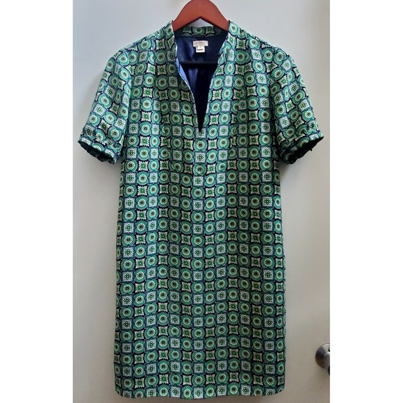 J. Crew Dresses & Skirts - J. Crew Dress A Line Size 0 Emerald/Navy/Yellow/Ivory Geometric Tile Print Lined